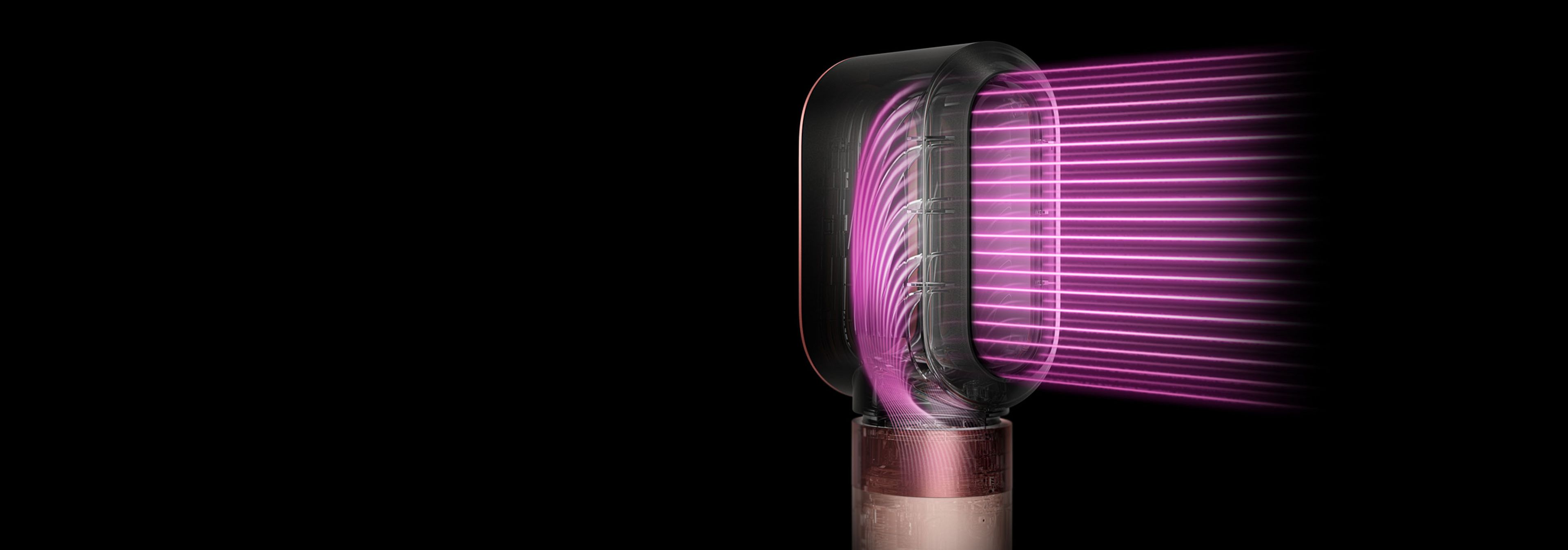 Мультистайлер и фен Dyson Airwrap Co-anda2x с розовой графикой, показывающей мощный воздушный поток.