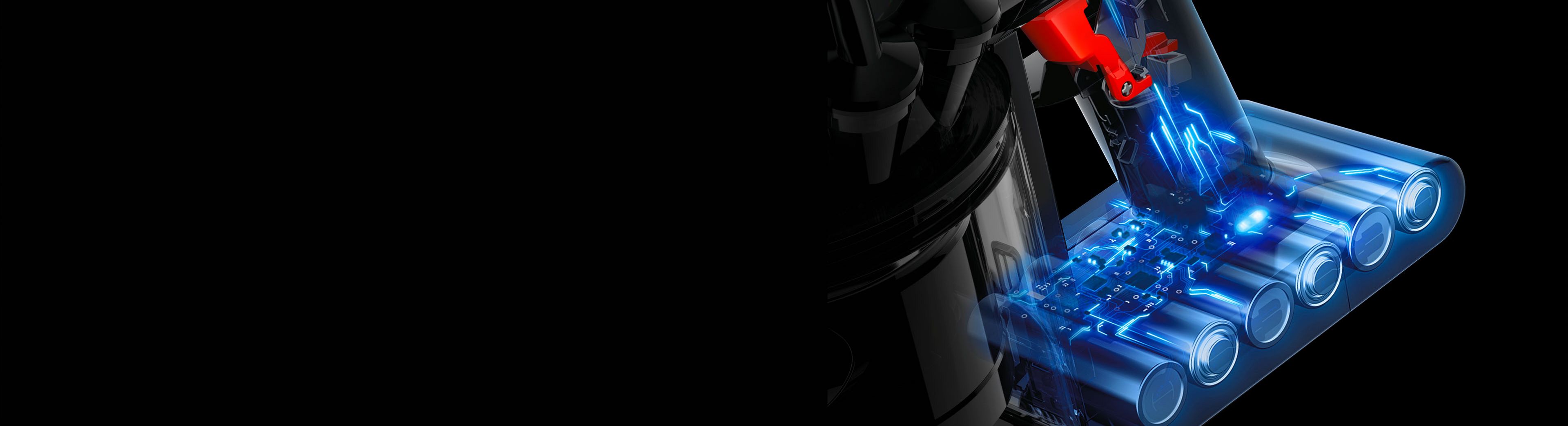 Схема в разрезе показывает аккумуляторные ячейки в ручке пылесоса Dyson Car+Boat.