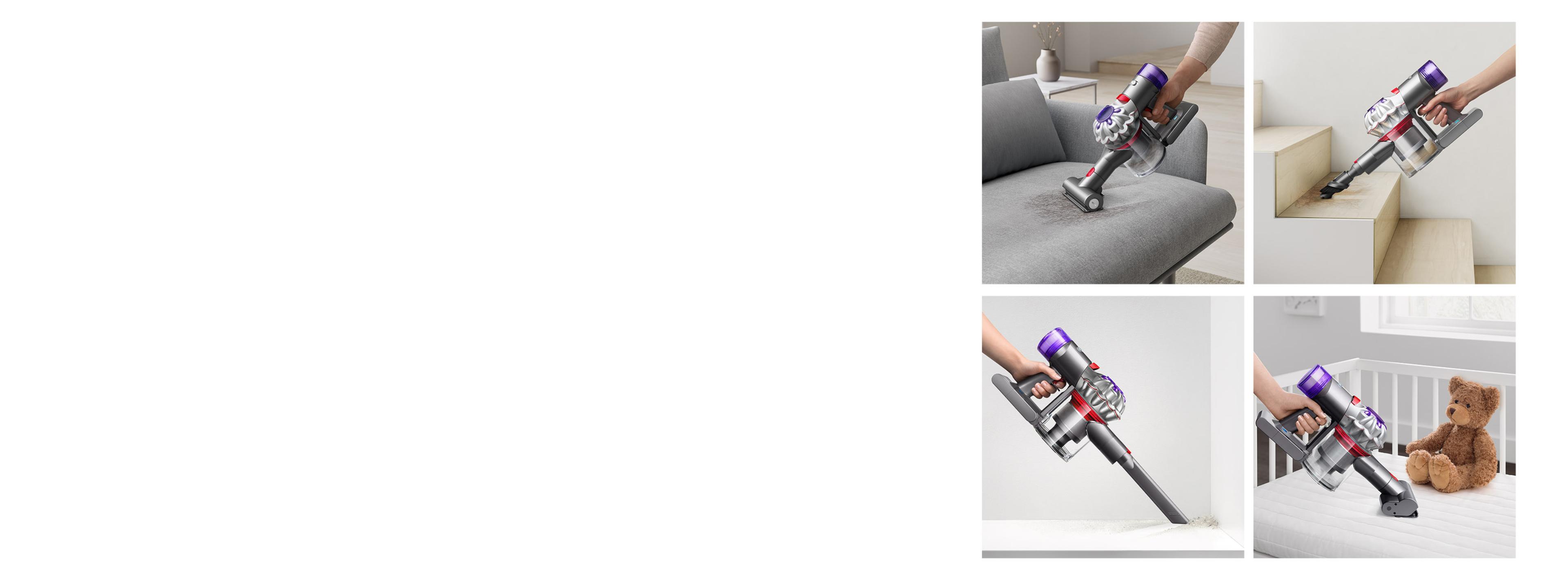 Ручной пылесос Dyson со специальными аксессуарами в четырёх разных местах.