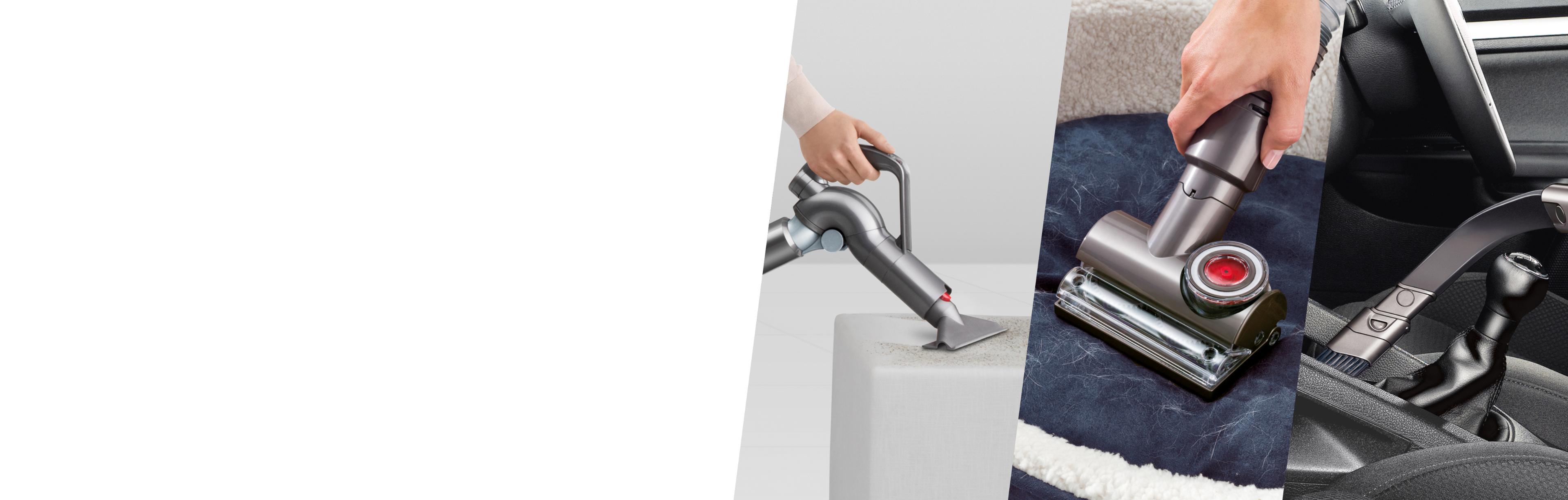 Беспроводной пылесос Dyson очищает диван с насадкой Dyson