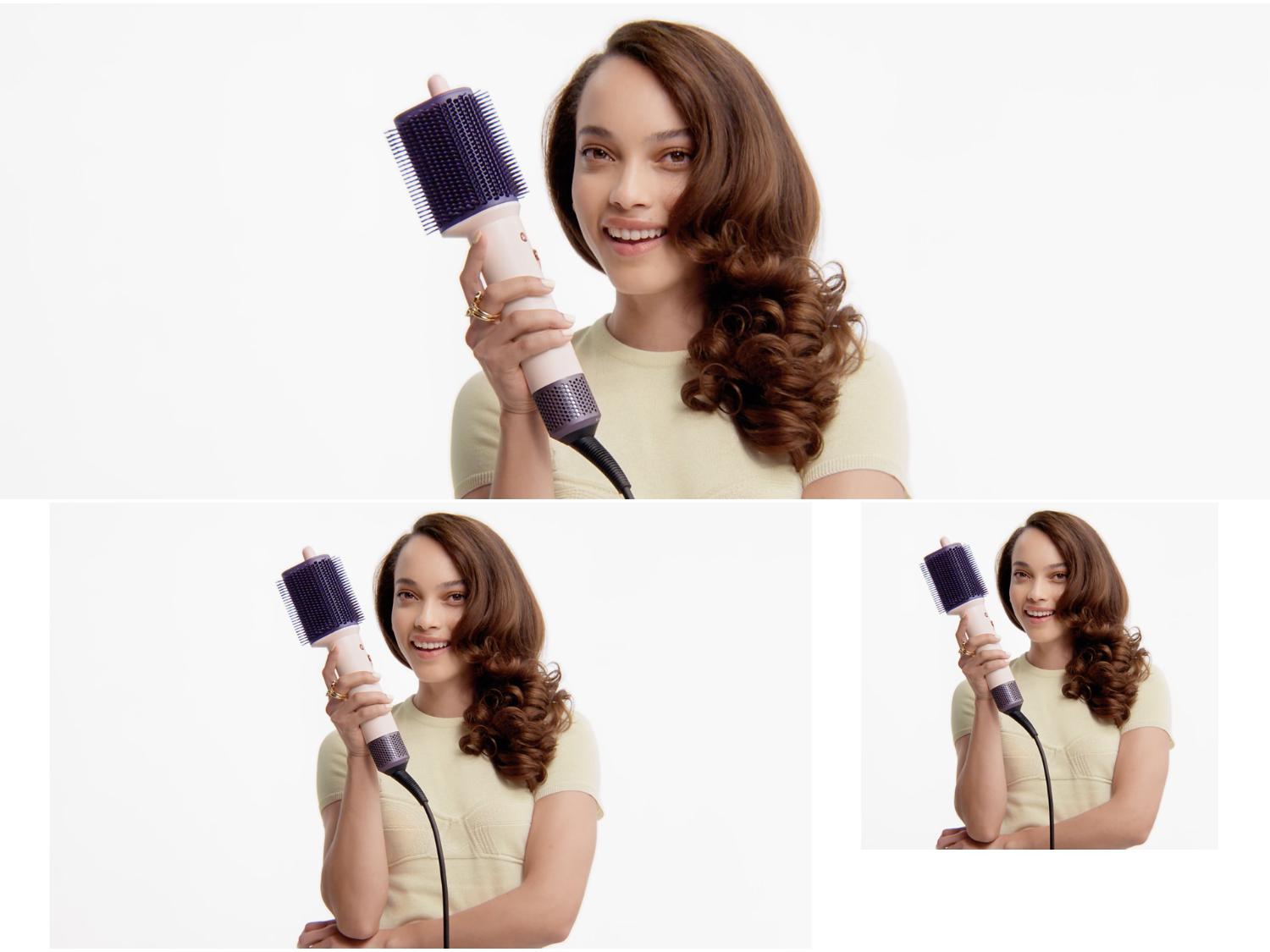 Модель с уложенными волосами держит фен-щётку Dyson Airsmooth.