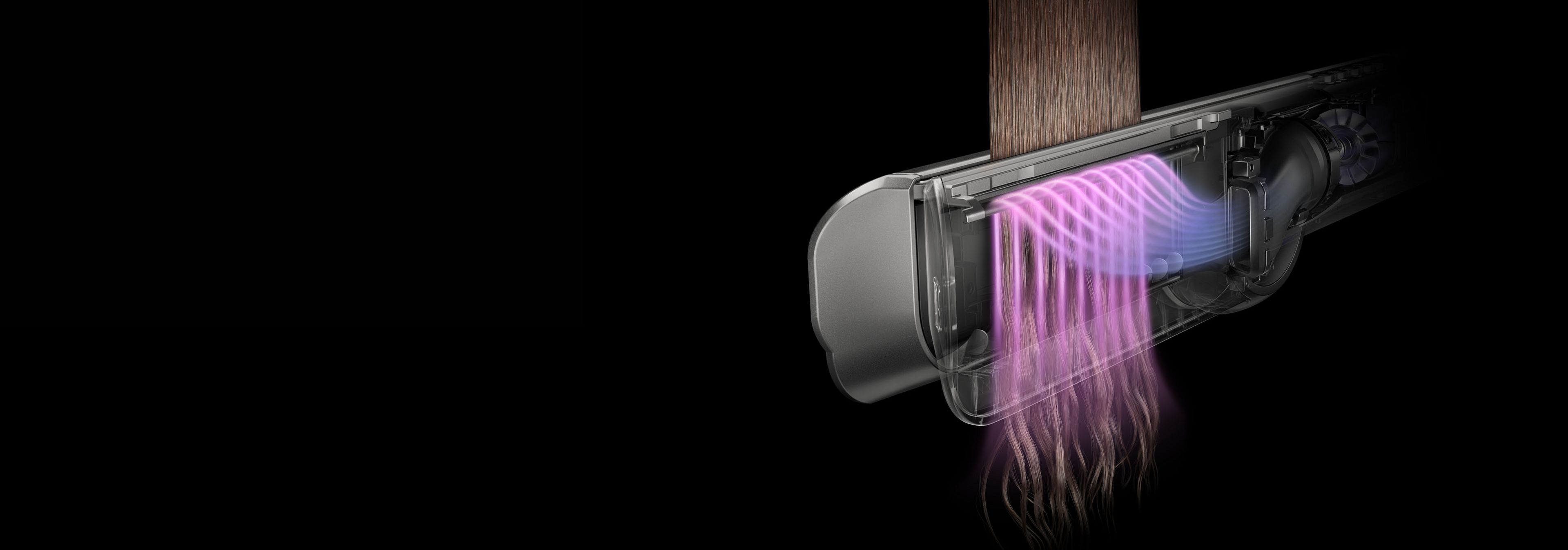 На изображении в разрезе показан воздушный поток внутри фена-выпрямителя Dyson Airstrait.